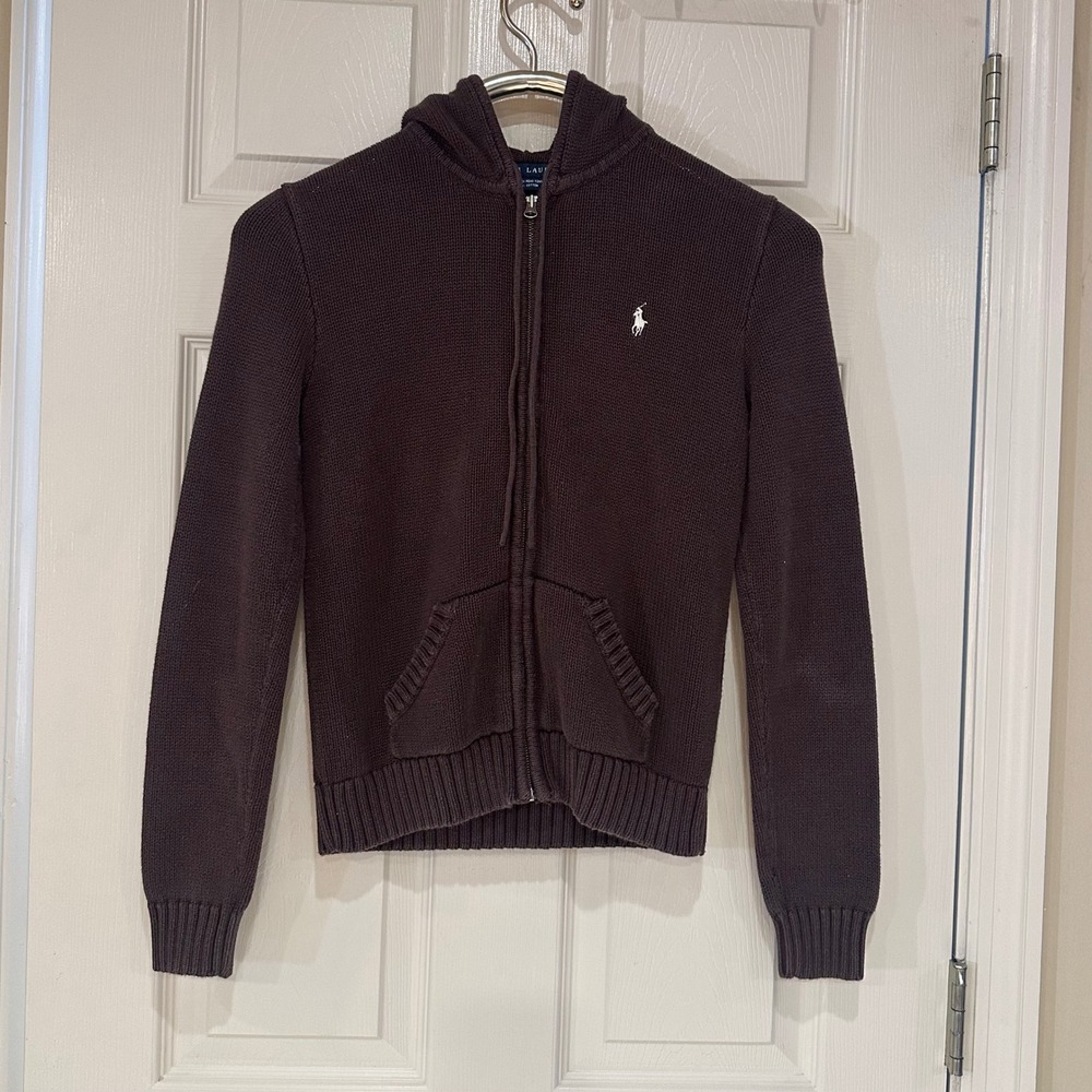 Vintage Ralph Lauren Womens Brown 100% Full Zip Knit Hoodie Sweater Size M